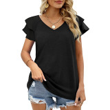 Solid V-neck Double Ruffle Sleeve Loose Top T-shirt