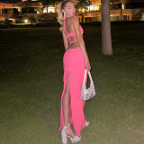 Summer New Solid Color Sleeveless Hanging Neck Lace Up Open Back Sexy High Waist Dress