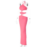 Summer New Solid Color Sleeveless Hanging Neck Lace Up Open Back Sexy High Waist Dress