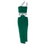 Sleeveless chest wrap sexy lace up irregular skirt set