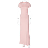 Contrast color patchwork sleeves, round neck long dress, fashionable and elegant dress