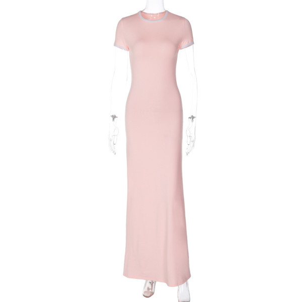 Contrast color patchwork sleeves, round neck long dress, fashionable and elegant dress