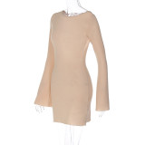 Solid ribbed long sleeved sexy backless slim fitting dress