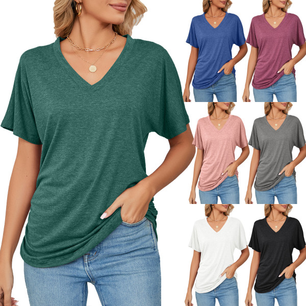 Casual Pullover V-Neck Solid Loose T-shirt Women's Top