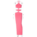 Summer New Solid Color Sleeveless Hanging Neck Lace Up Open Back Sexy High Waist Dress