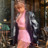 Sexy Hanging Neck Wrapped Chest Slim Fit Wrinkled Shorts Two Piece Fashion Set