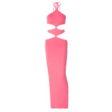 Summer New Solid Color Sleeveless Hanging Neck Lace Up Open Back Sexy High Waist Dress