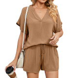 Solid V-neck Loose T-shirt Shorts Home Casual Set