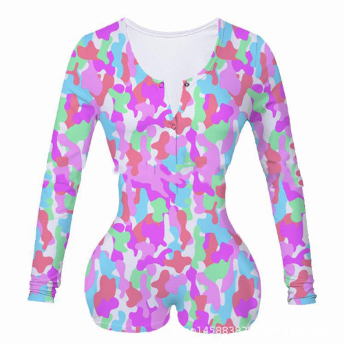 Deep V-neck printed long sleeved button up jumpsuit shorts with tight fitting jumpsuit