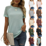 Waffle lace patchwork round neck short sleeved top