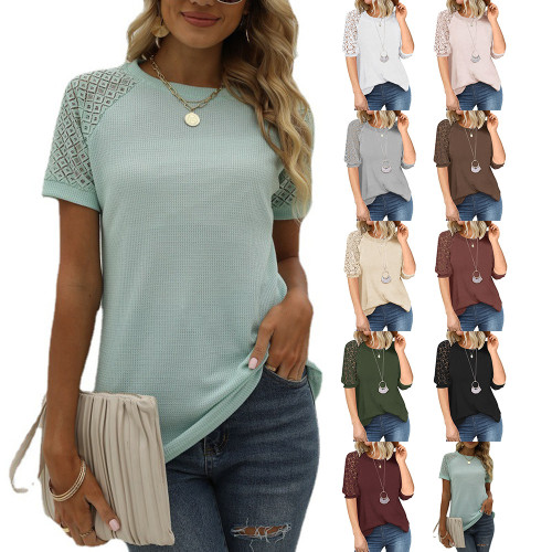 Waffle lace patchwork round neck short sleeved top
