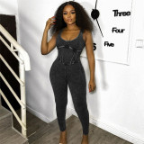High waisted tight threaded sleeveless casual sports jumpsuit