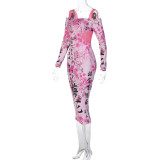 Summer New Women's Chinoiserie Printed Off the neck Slim Slim Dress