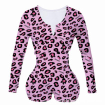 Deep V-neck printed long sleeved button up jumpsuit shorts with tight fitting jumpsuit