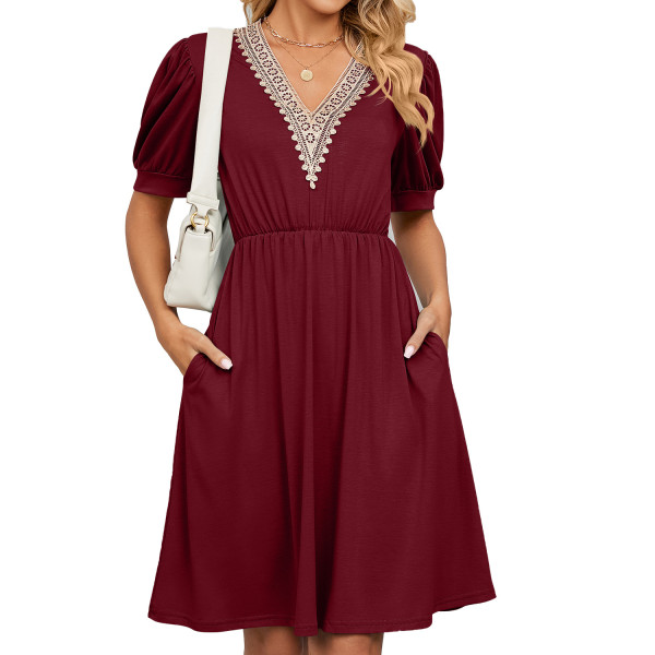 Solid lace patchwork V-neck short sleeve pocket waist up dress