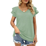 Solid V-neck Double Ruffle Sleeve Loose Top T-shirt