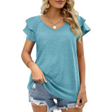 Solid V-neck Double Ruffle Sleeve Loose Top T-shirt