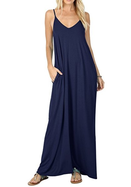 Solid pocket Camisole loose long dress