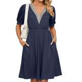 Solid lace patchwork V-neck short sleeve pocket waist up dress