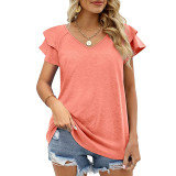 Solid V-neck Double Ruffle Sleeve Loose Top T-shirt