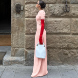 Contrast color patchwork sleeves, round neck long dress, fashionable and elegant dress