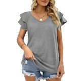 Solid V-neck Double Ruffle Sleeve Loose Top T-shirt