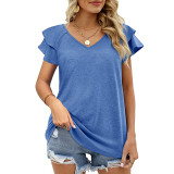 Solid V-neck Double Ruffle Sleeve Loose Top T-shirt