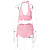 Sexy Hanging Neck Wrapped Chest Slim Fit Wrinkled Shorts Two Piece Fashion Set