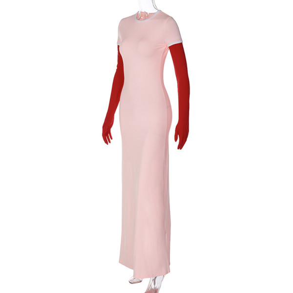 Contrast color patchwork sleeves, round neck long dress, fashionable and elegant dress