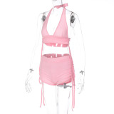 Sexy Hanging Neck Wrapped Chest Slim Fit Wrinkled Shorts Two Piece Fashion Set
