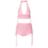 Sexy Hanging Neck Wrapped Chest Slim Fit Wrinkled Shorts Two Piece Fashion Set