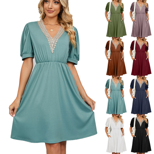 Solid lace patchwork V-neck short sleeve pocket waist up dress