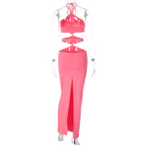 Summer New Solid Color Sleeveless Hanging Neck Lace Up Open Back Sexy High Waist Dress