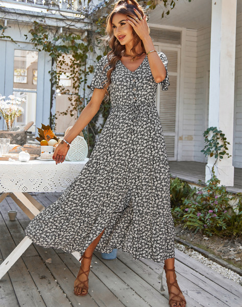 Drawstring Split Holiday Dress Long Dress