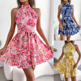 Lace up ruffle hem large floral dress