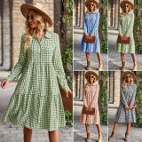 Large swing long sleeved dress plaid casual long skirt