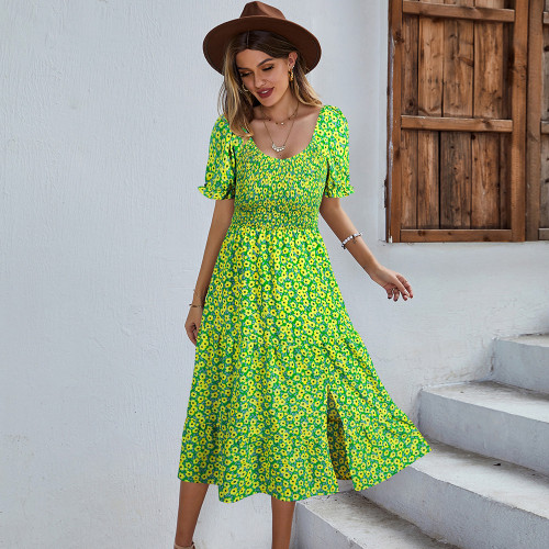 Bohemian printed dress with round neck and large swing skirt