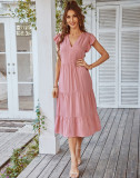V-neck Sexy Flying Sleeves Solid Color Dress