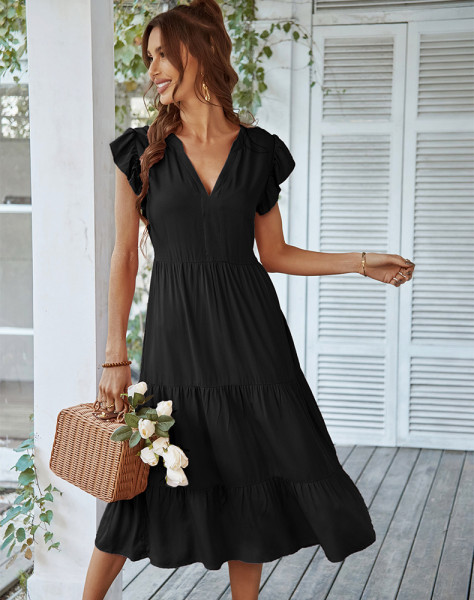 V-neck Sexy Flying Sleeves Solid Color Dress