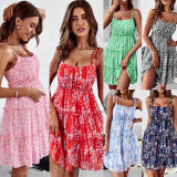 Strap floral dress summer ear edging A-line skirt