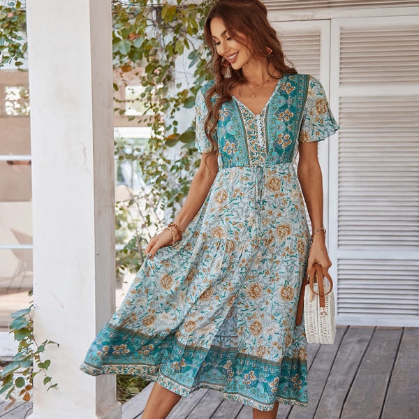 Bohemian Holiday Dress Summer Short Sleeve Sexy Dress