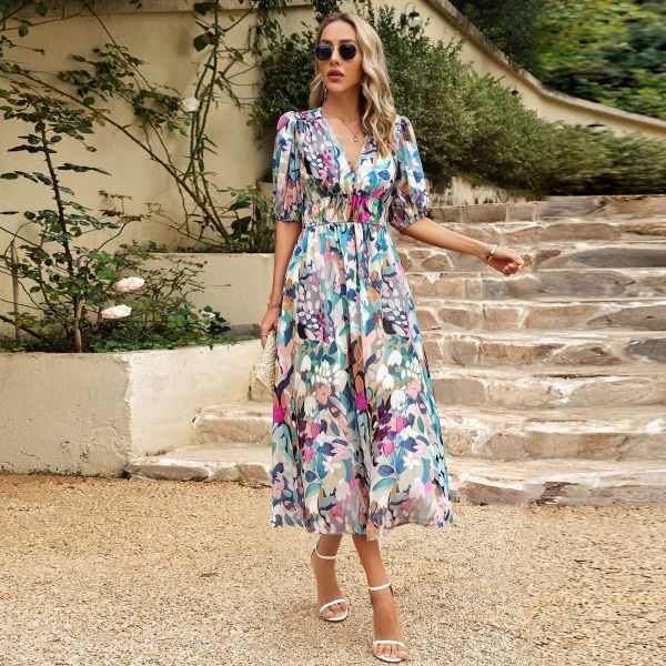 Temperament waistband V-neck printed long skirt