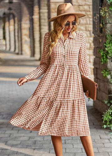 Large swing long sleeved dress plaid casual long skirt