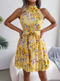 Lace up ruffle hem large floral dress