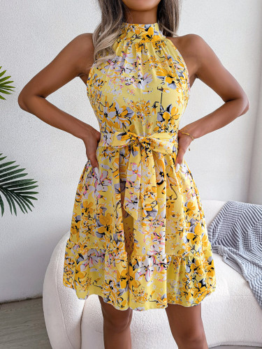 Lace up ruffle hem large floral dress