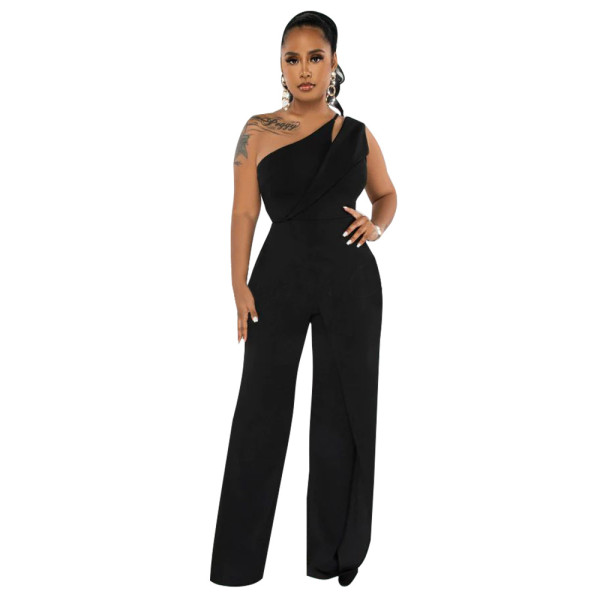 One shoulder open back patch fashion jumpsuit