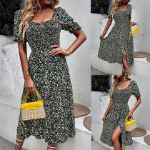 Bohemian printed dress with round neck and large swing skirt