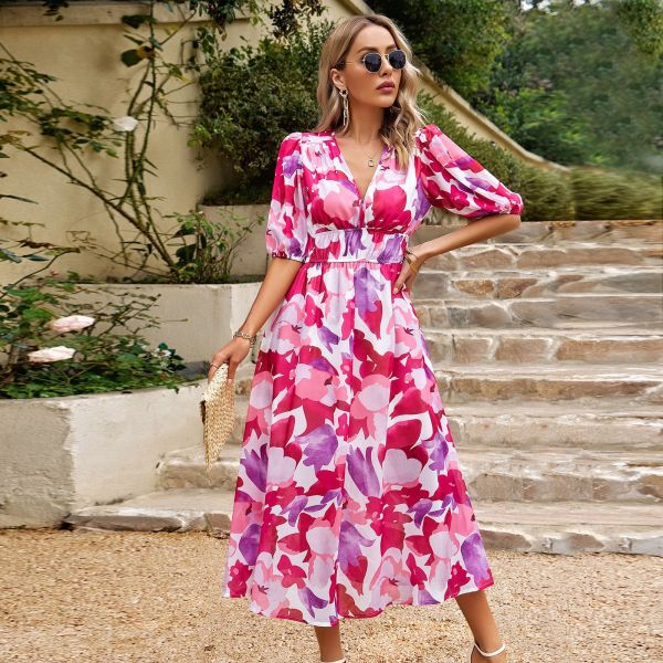 Temperament waistband V-neck printed long skirt