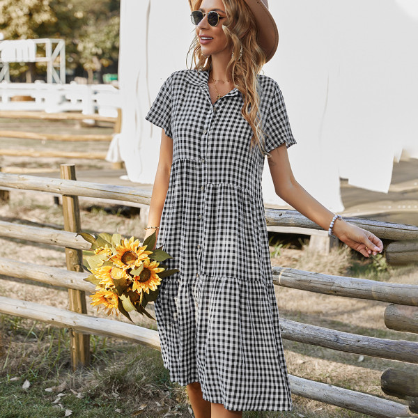 Plaid dress shirt collar casual dress