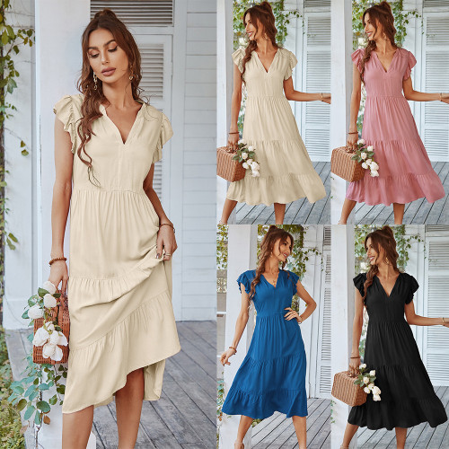 V-neck Sexy Flying Sleeves Solid Color Dress